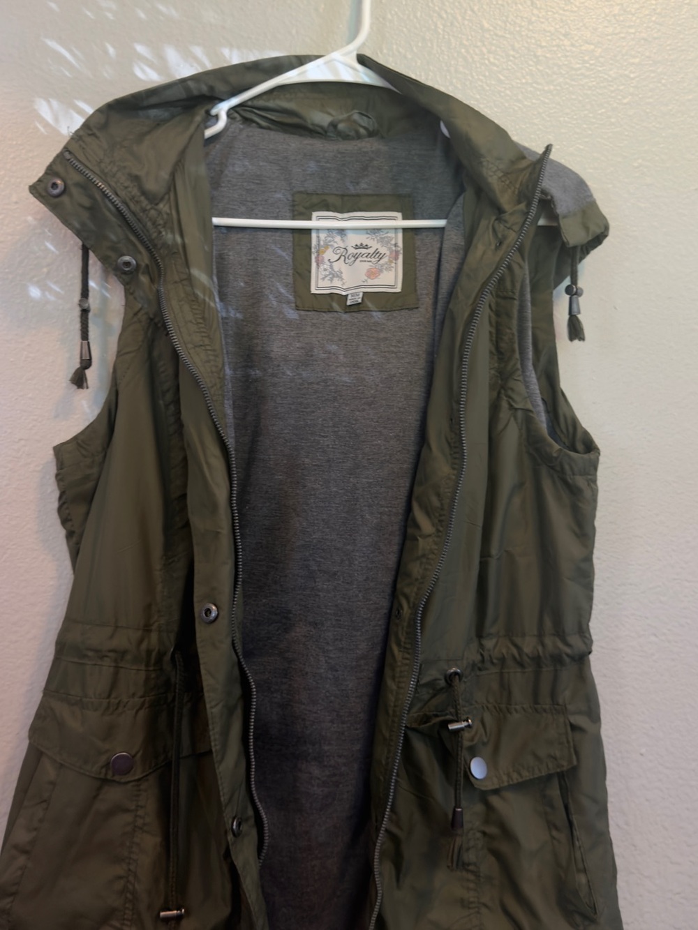 Royalty For Me Olive Green Hooded Utility Vest with Grey Lining